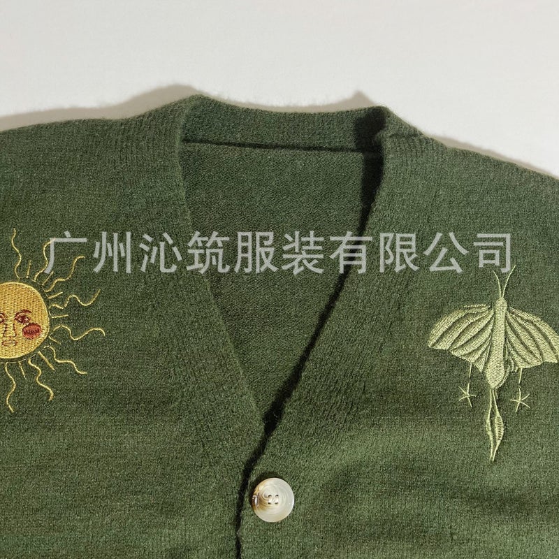 New Women'S Embroidered Button Knitted Cardigan Sweater Sun And Moon Pattern Lantern Sleeve V Neck Cardigan Top - Image 4